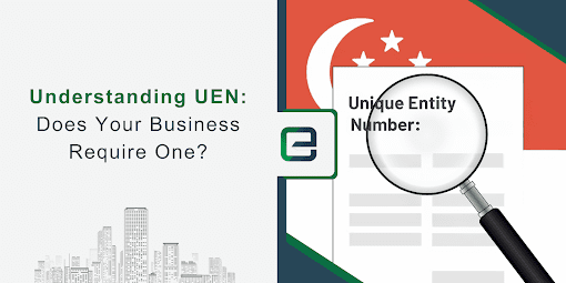 Understanding UEN and Its Importance for Singapore Business Owners Magnifying glass focusing on the Unique Entity Number (UEN) over the Singapore flag background, representing the importance of understanding UEN requirements for businesses.